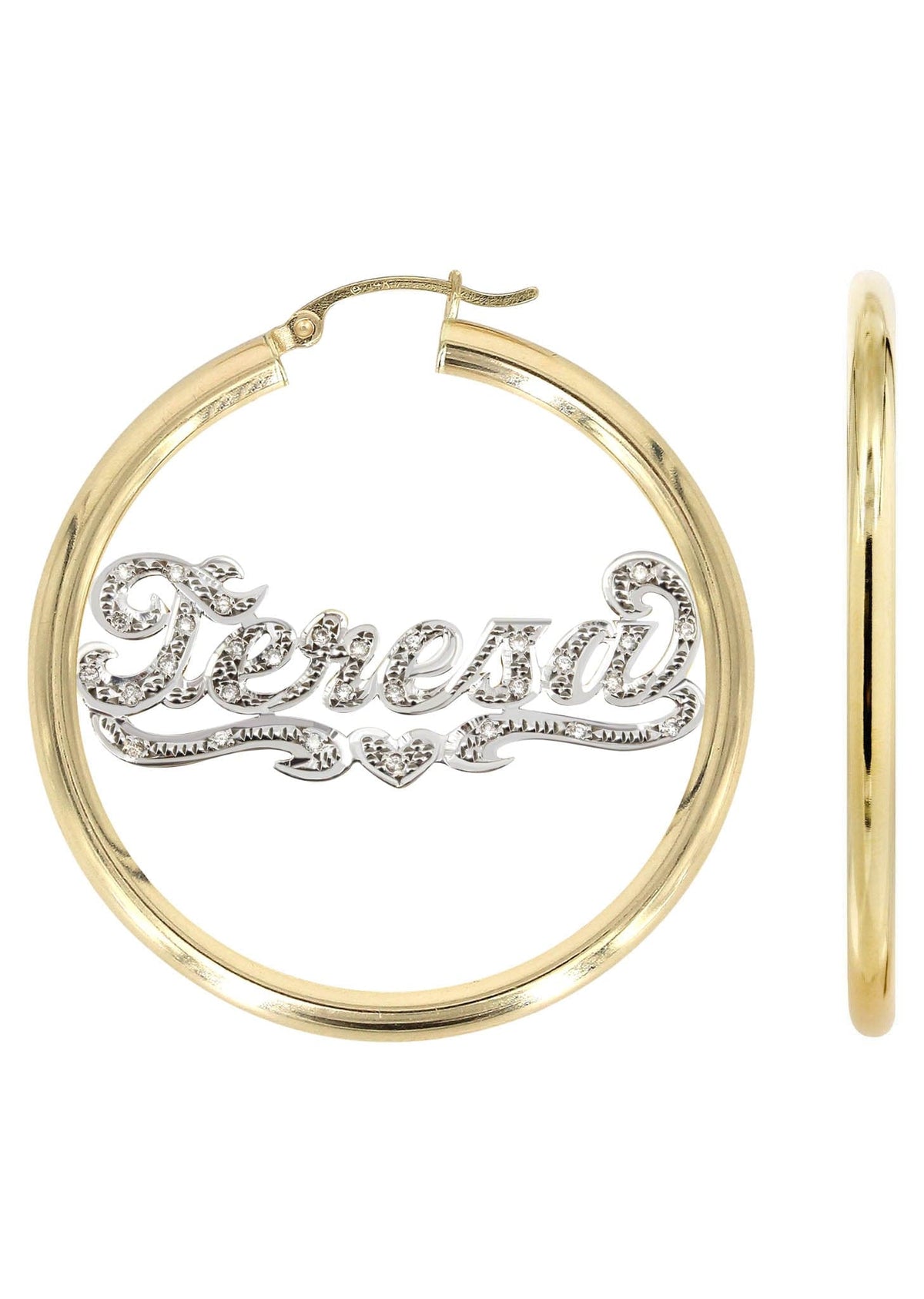 14K Ladies Diamond Cut with Diamonds Name Plate Hoop Earrings