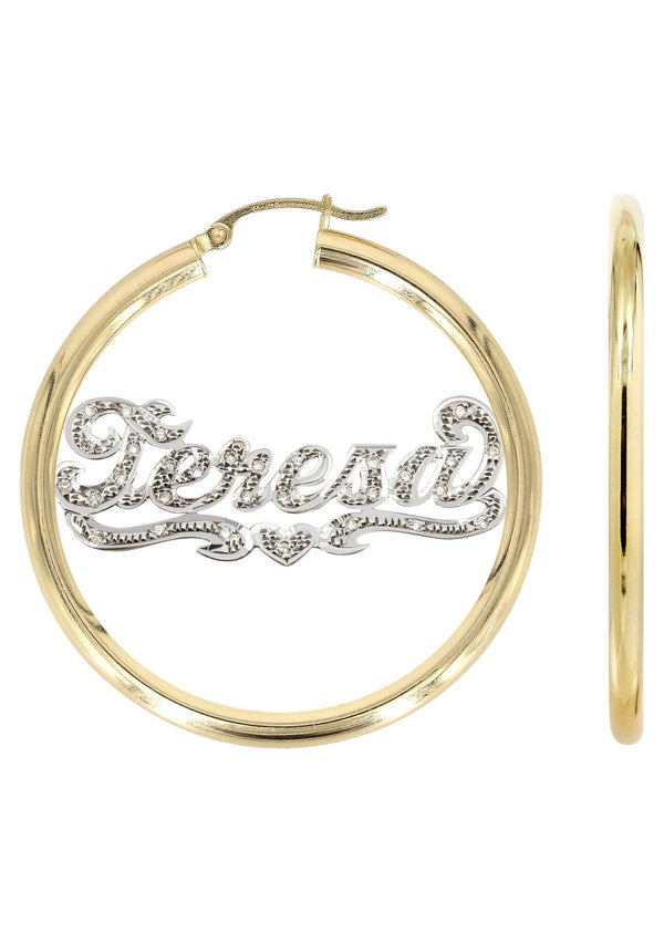 14K Ladies Diamond Cut with Diamonds Name Plate Hoop Earrings