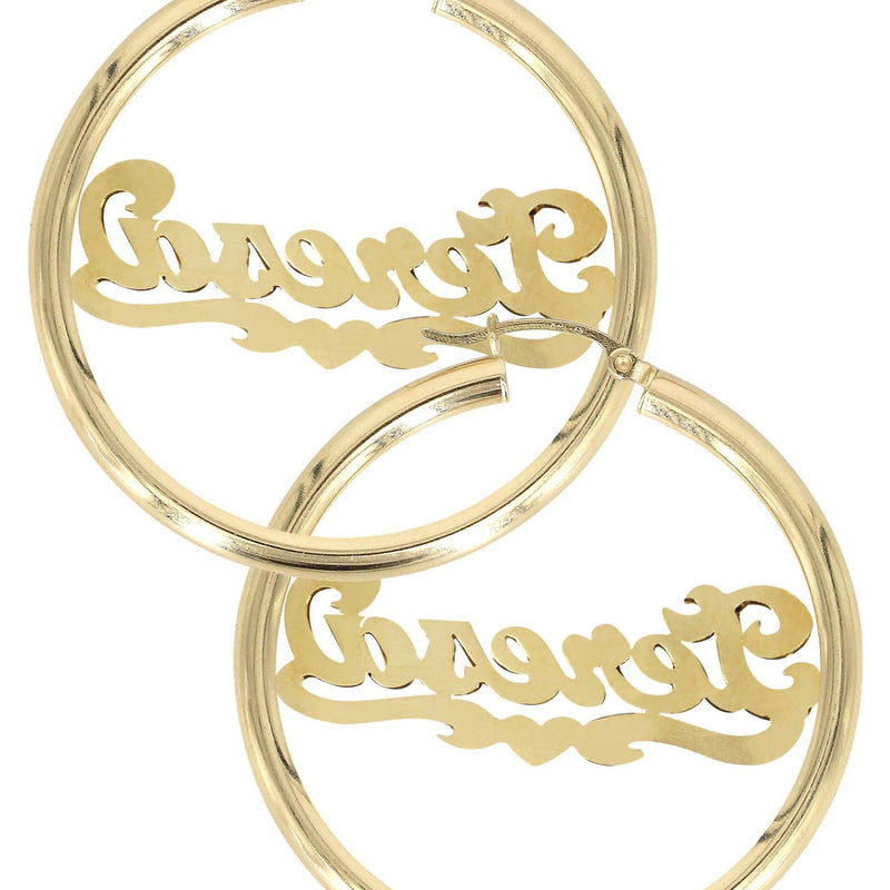 14K Ladies Diamond Cut with Diamonds Name Plate Hoop Earrings
