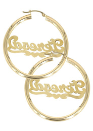 14K Ladies Diamond Cut with Diamonds Name Plate Hoop Earrings