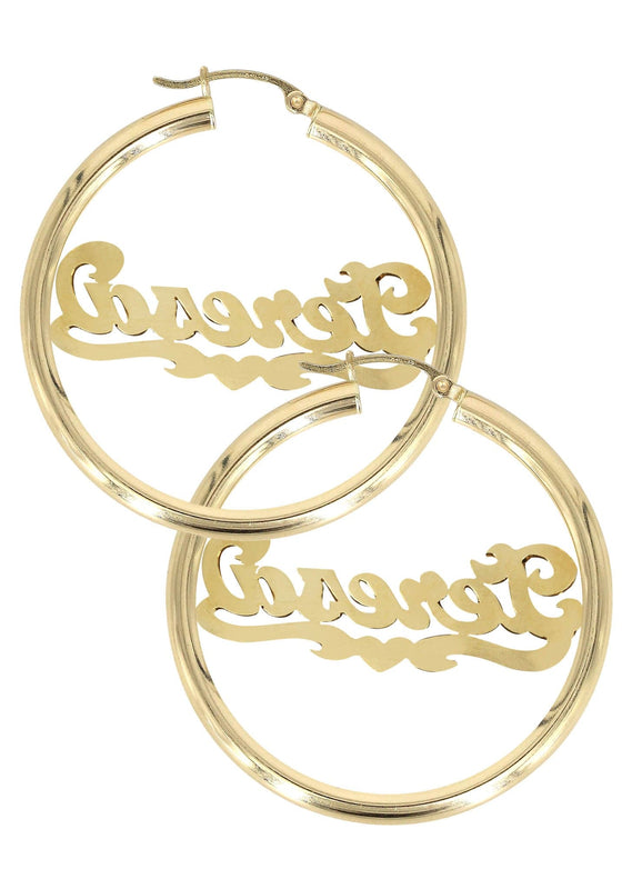 14K Ladies Diamond Cut with Diamonds Name Plate Hoop Earrings