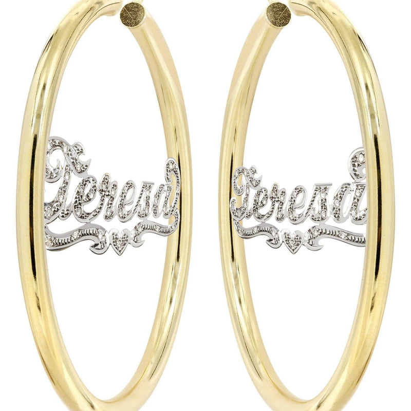 14K Ladies Diamond Cut with Diamonds Name Plate Hoop Earrings