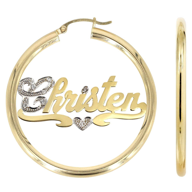 14K Ladies Two Tone Name Plate Hoop Earrings