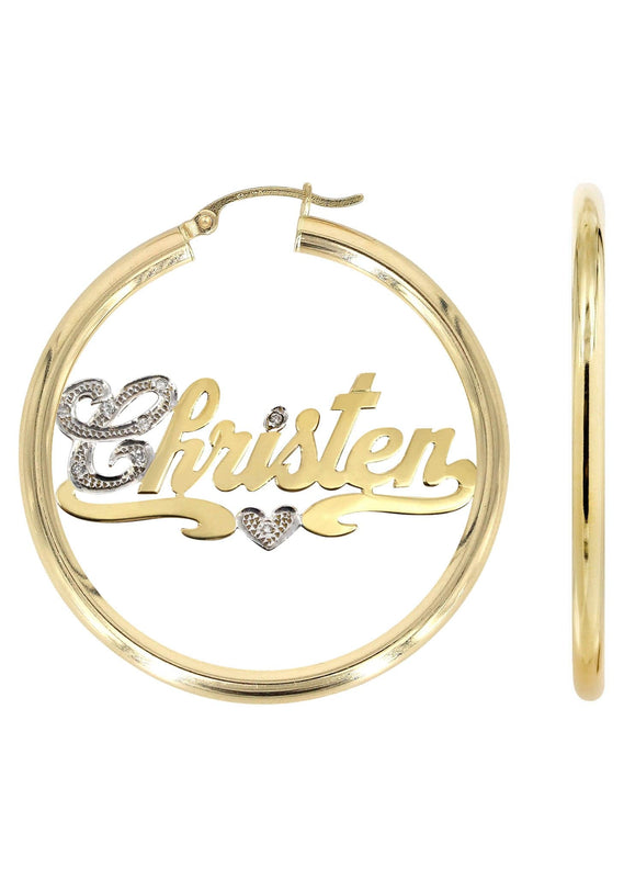14K Ladies Two Tone Name Plate Hoop Earrings