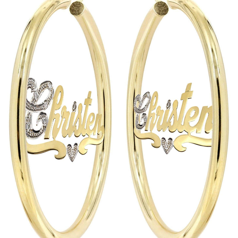 14K Ladies Two Tone Name Plate Hoop Earrings