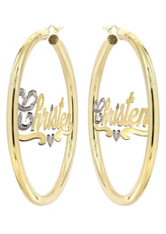 14K Ladies Two Tone Name Plate Hoop Earrings