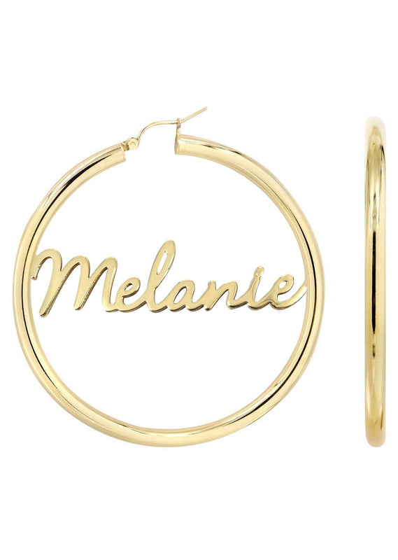 14K Ladies Script Name Plate Hoop Earrings