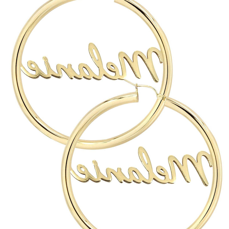 14K Ladies Script Name Plate Hoop Earrings