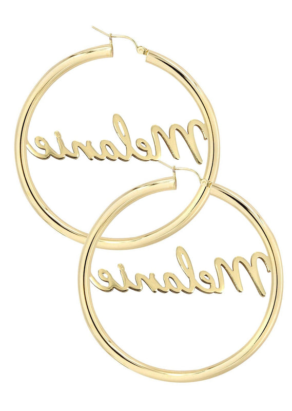 14K Ladies Script Name Plate Hoop Earrings