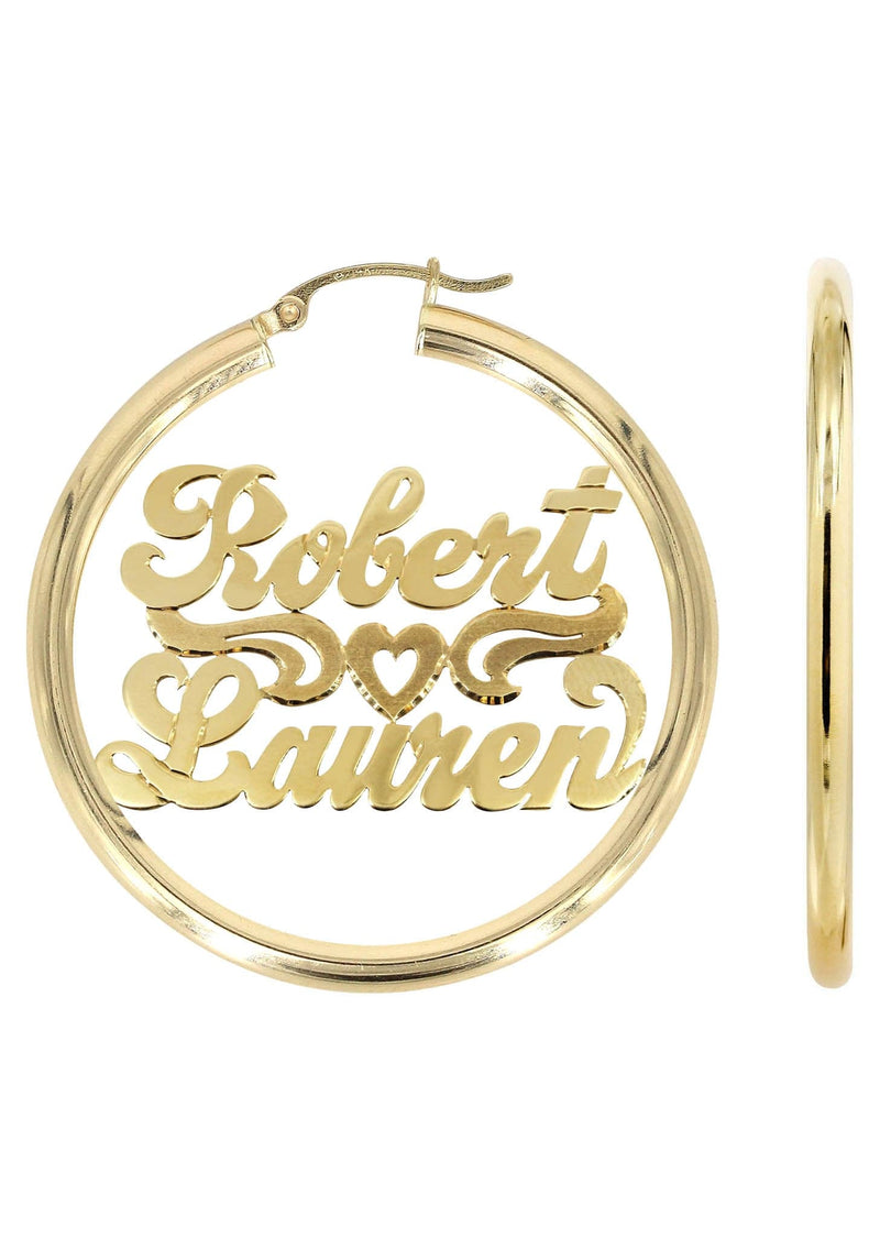 14K Ladies Couple Names Name Plate Hoop Earrings