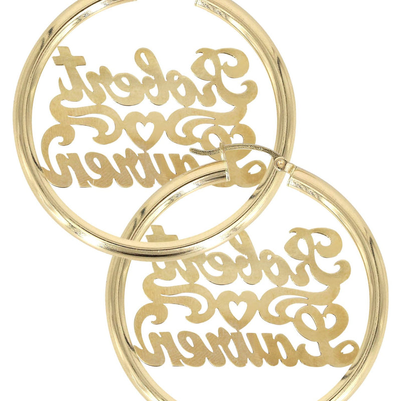14K Ladies Couple Names Name Plate Hoop Earrings
