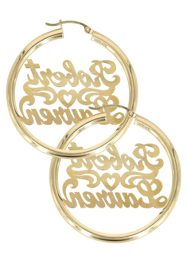 14K Ladies Couple Names Name Plate Hoop Earrings
