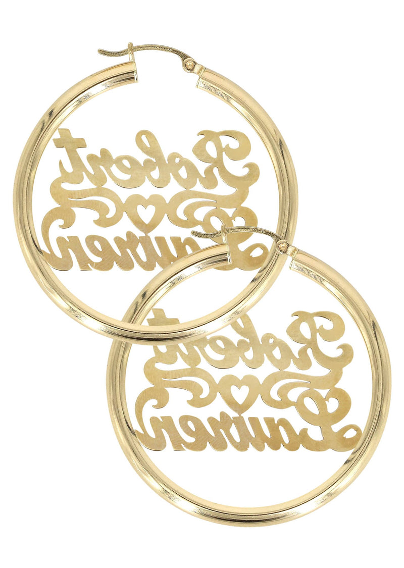 14K Ladies Couple Names Name Plate Hoop Earrings