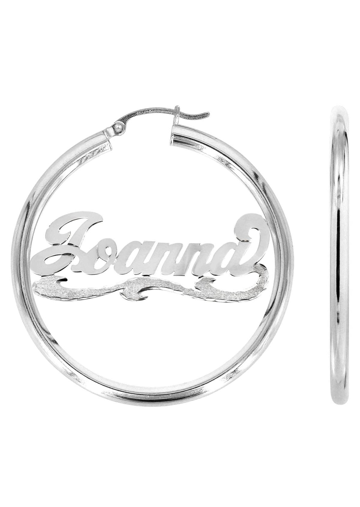 14K Ladies White Gold Diamond Cut Name Plate Hoop Earrings
