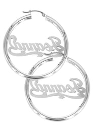 14K Ladies White Gold Diamond Cut Name Plate Hoop Earrings
