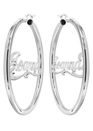 14K Ladies White Gold Diamond Cut Name Plate Hoop Earrings