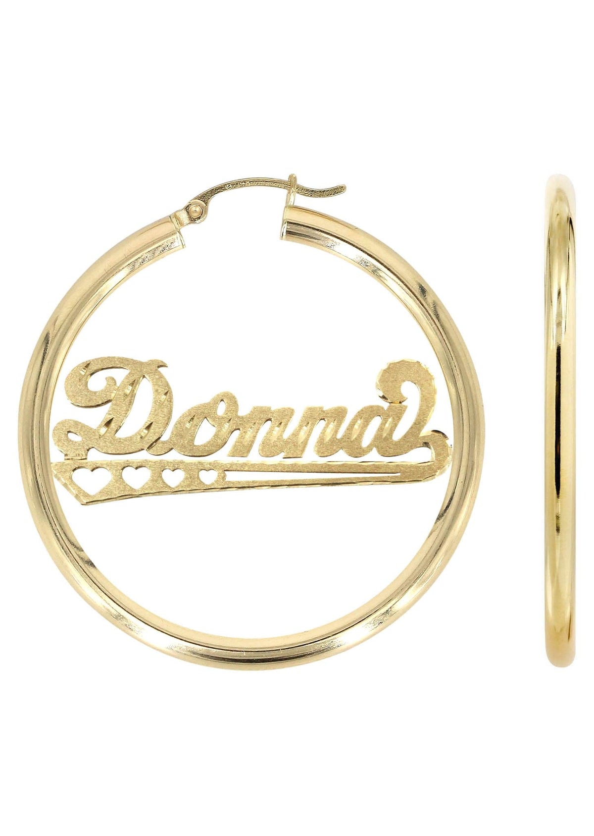 14K Ladies Diamond Cut Heart Name Plate Hoop Earrings