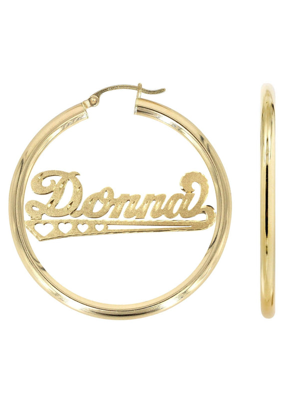 14K Ladies Diamond Cut Heart Name Plate Hoop Earrings