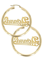 14K Ladies Diamond Cut Heart Name Plate Hoop Earrings