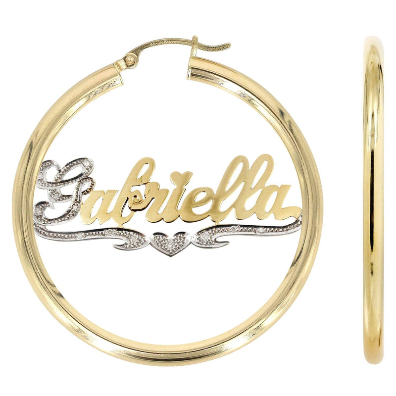 14K Ladies Two Tone Diamond Cut with Diamonds Name Plate Hoop Earrings