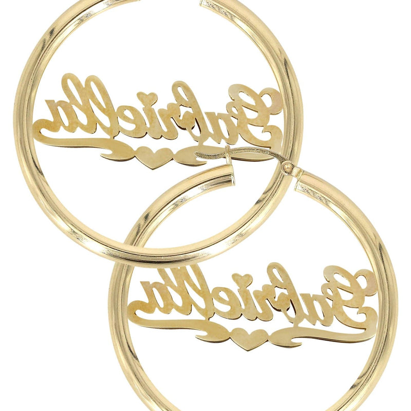 14K Ladies Two Tone Diamond Cut with Diamonds Name Plate Hoop Earrings