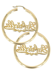 14K Ladies Two Tone Diamond Cut with Diamonds Name Plate Hoop Earrings