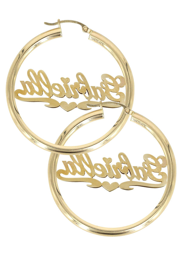 14K Ladies Two Tone Diamond Cut with Diamonds Name Plate Hoop Earrings