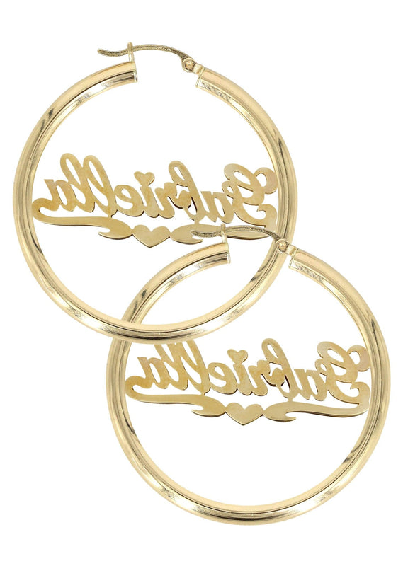 14K Ladies Two Tone Diamond Cut with Diamonds Name Plate Hoop Earrings