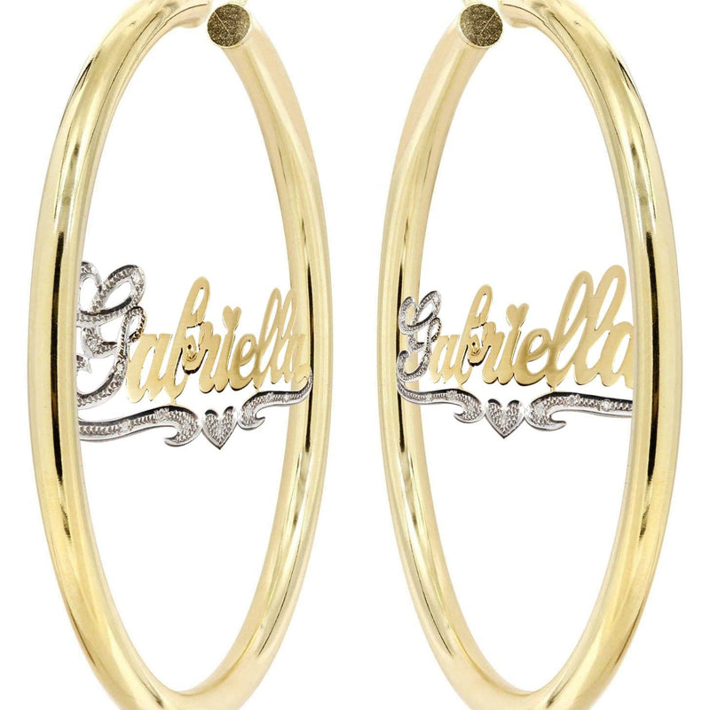14K Ladies Two Tone Diamond Cut with Diamonds Name Plate Hoop Earrings