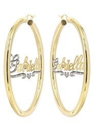 14K Ladies Two Tone Diamond Cut with Diamonds Name Plate Hoop Earrings