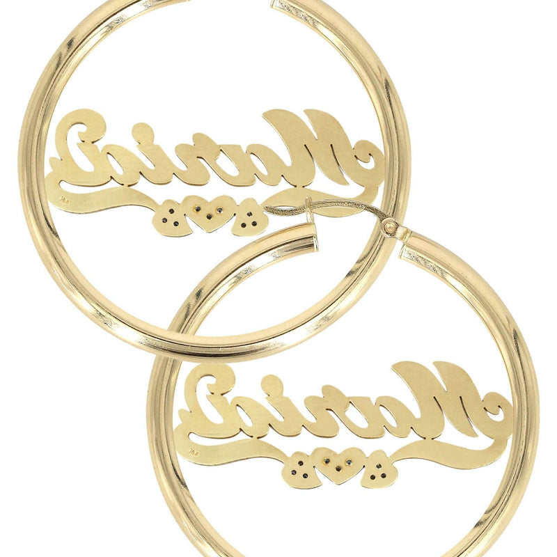 14K Ladies Diamond Heart Name Plate Hoop Earrings