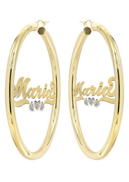 14K Ladies Diamond Heart Name Plate Hoop Earrings