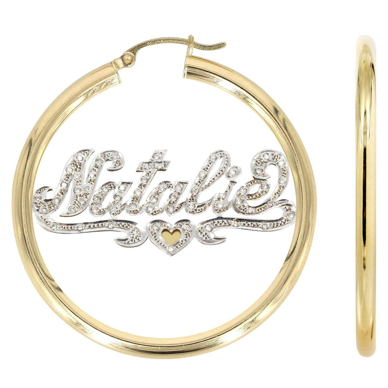 14K Ladies Two Tone with Diamonds Name Plate Hoop Earrings