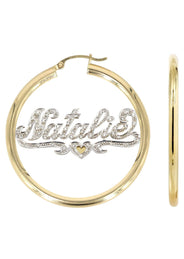 14K Ladies Two Tone with Diamonds Name Plate Hoop Earrings