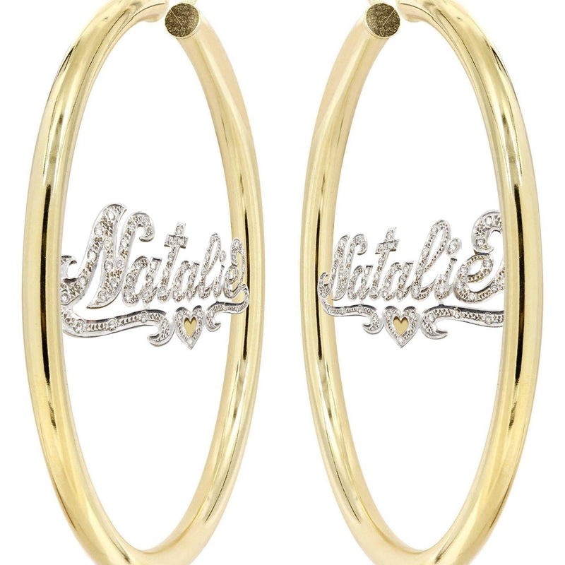 14K Ladies Two Tone with Diamonds Name Plate Hoop Earrings