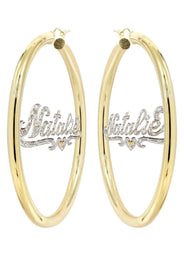14K Ladies Two Tone with Diamonds Name Plate Hoop Earrings