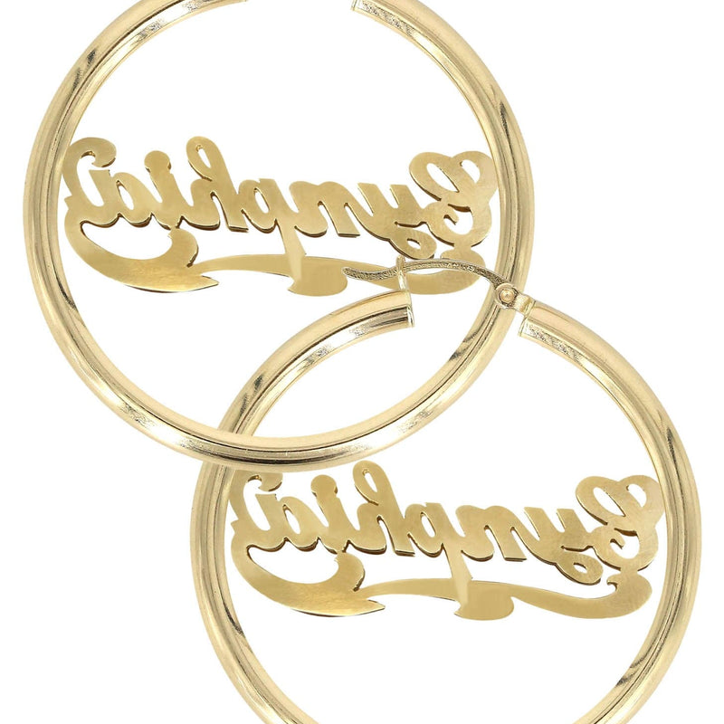 14K Ladies Diamond Cut Name Plate Hoop Earrings