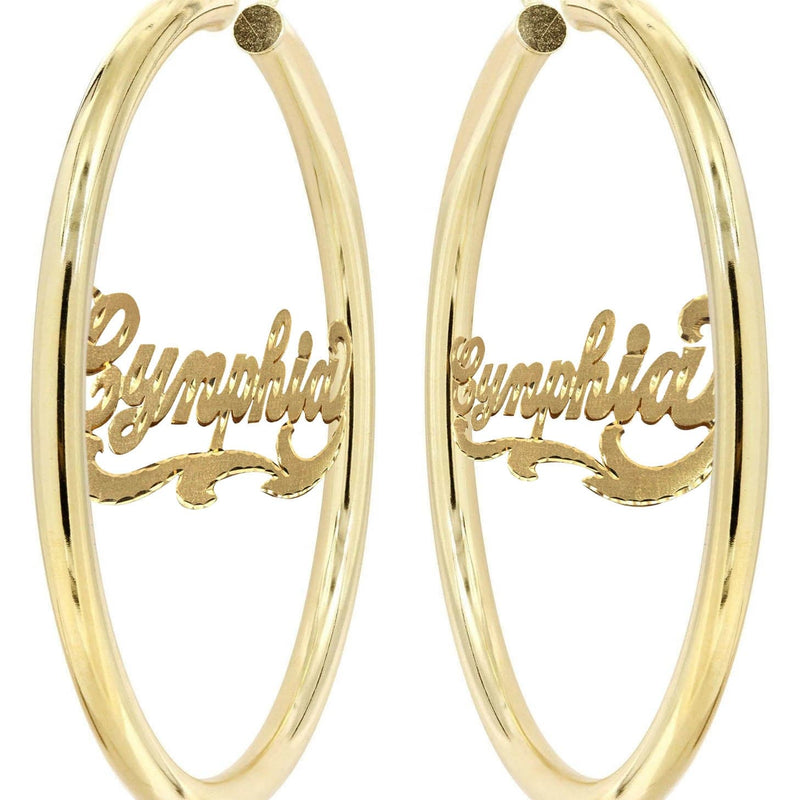 14K Ladies Diamond Cut Name Plate Hoop Earrings