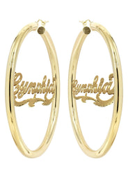 14K Ladies Diamond Cut Name Plate Hoop Earrings