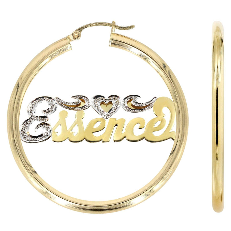 14K Ladies Two Tone Diamond Cut Name Plate Hoop Earrings