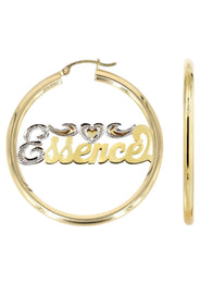 14K Ladies Two Tone Diamond Cut Name Plate Hoop Earrings