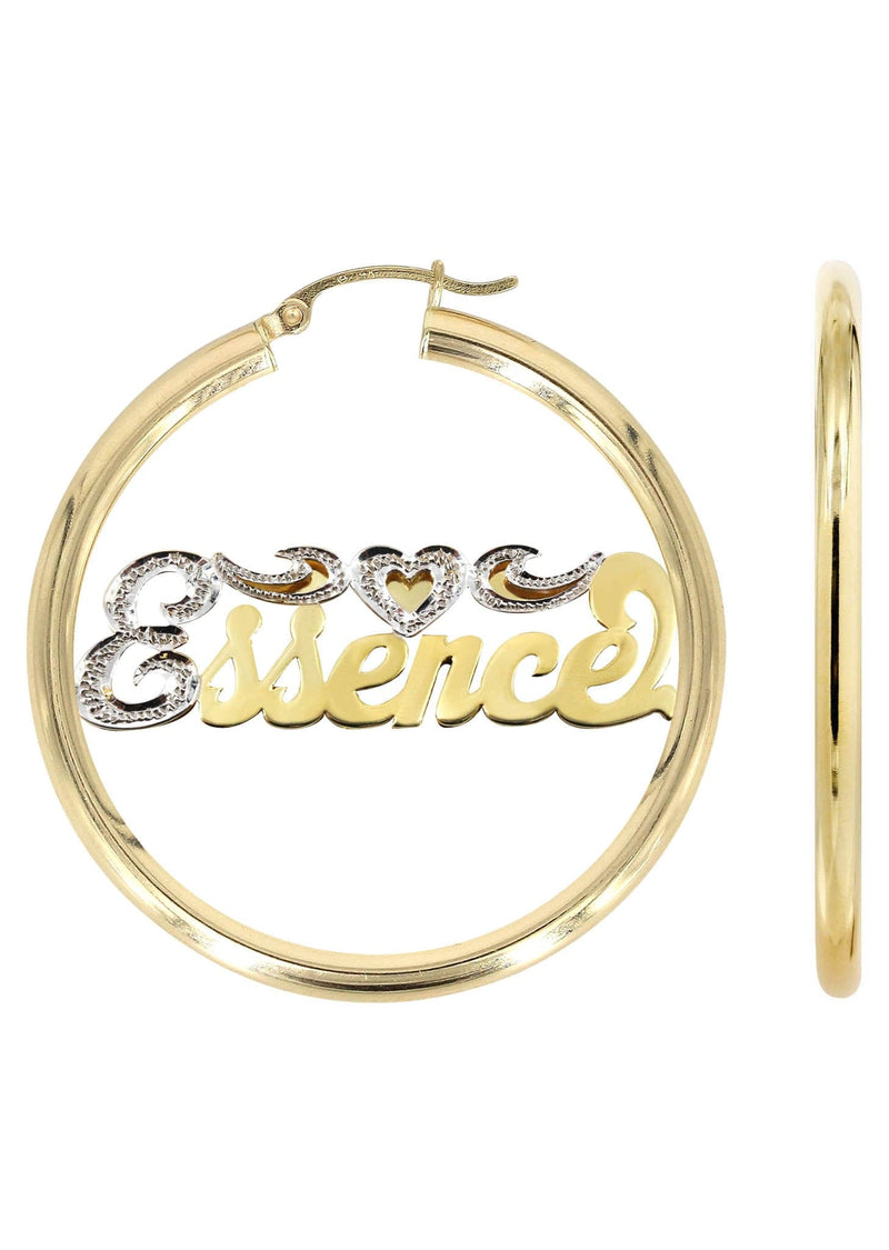 14K Ladies Two Tone Diamond Cut Name Plate Hoop Earrings