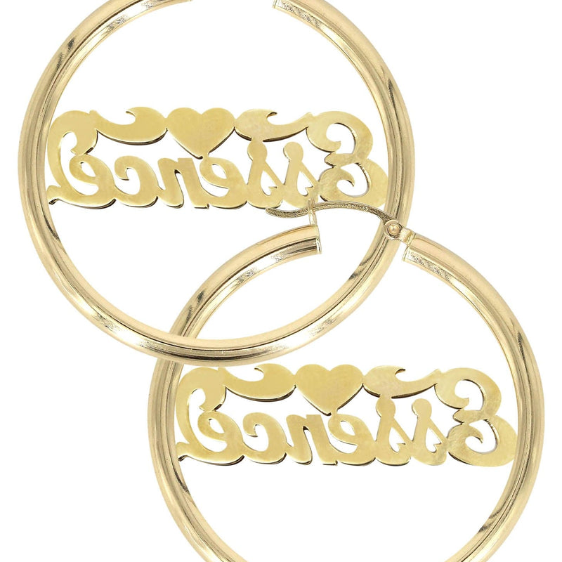 14K Ladies Two Tone Diamond Cut Name Plate Hoop Earrings