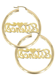 14K Ladies Two Tone Diamond Cut Name Plate Hoop Earrings