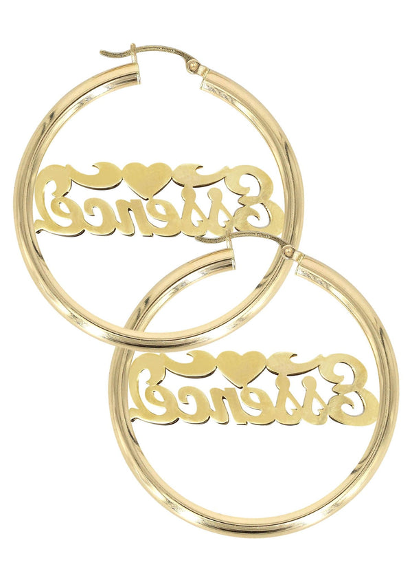 14K Ladies Two Tone Diamond Cut Name Plate Hoop Earrings