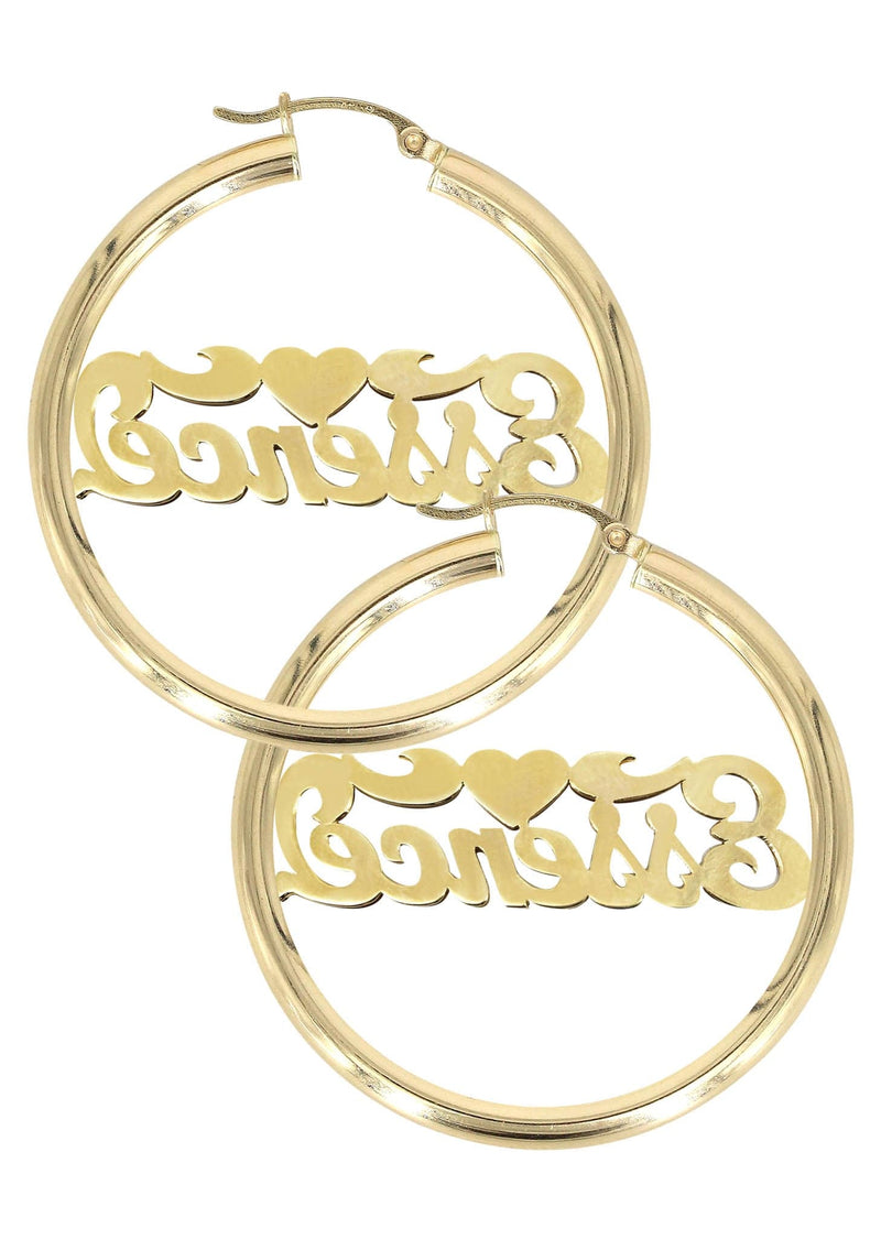 14K Ladies Two Tone Diamond Cut Name Plate Hoop Earrings
