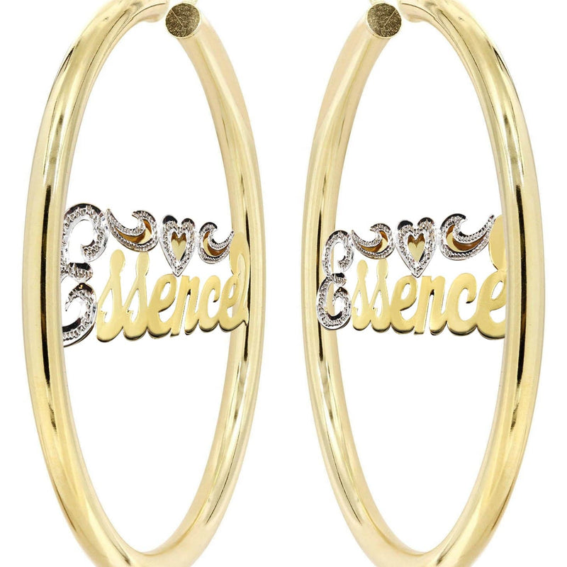 14K Ladies Two Tone Diamond Cut Name Plate Hoop Earrings