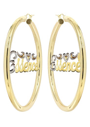 14K Ladies Two Tone Diamond Cut Name Plate Hoop Earrings