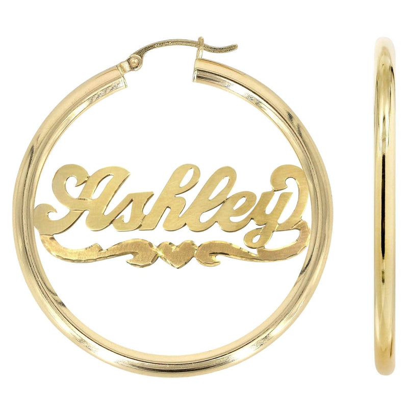 14K Ladies Diamond Cut Heart Name Plate Hoop Earrings