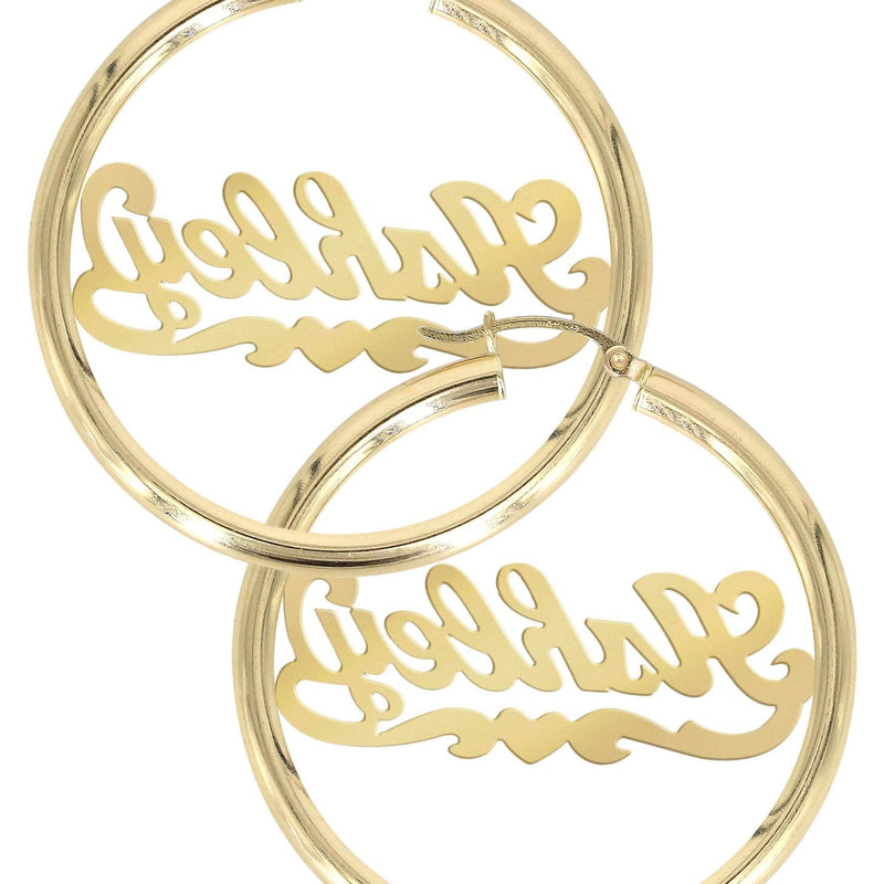 14K Ladies Diamond Cut Heart Name Plate Hoop Earrings